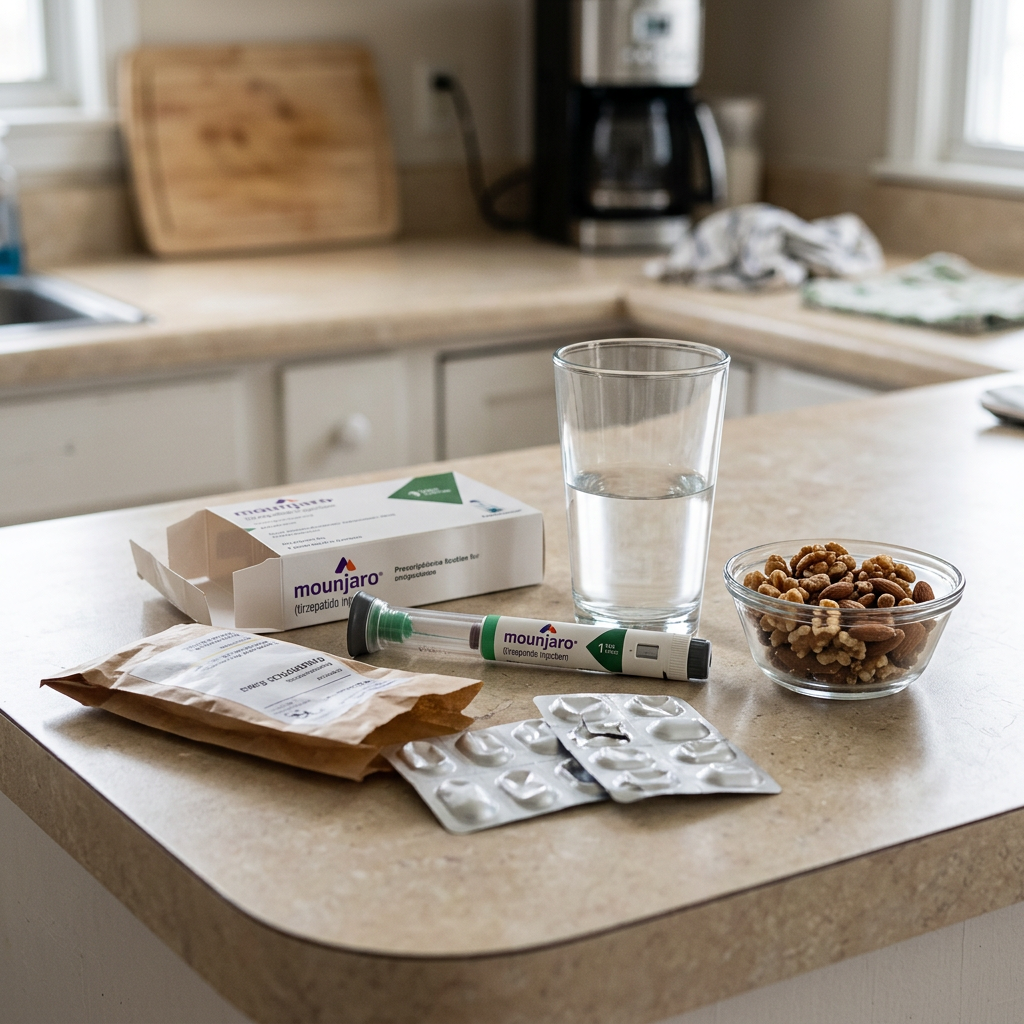 Diabetes medication pen with packaging, blister packs, glass of water, and bowl of mixed nuts on kitchen counter