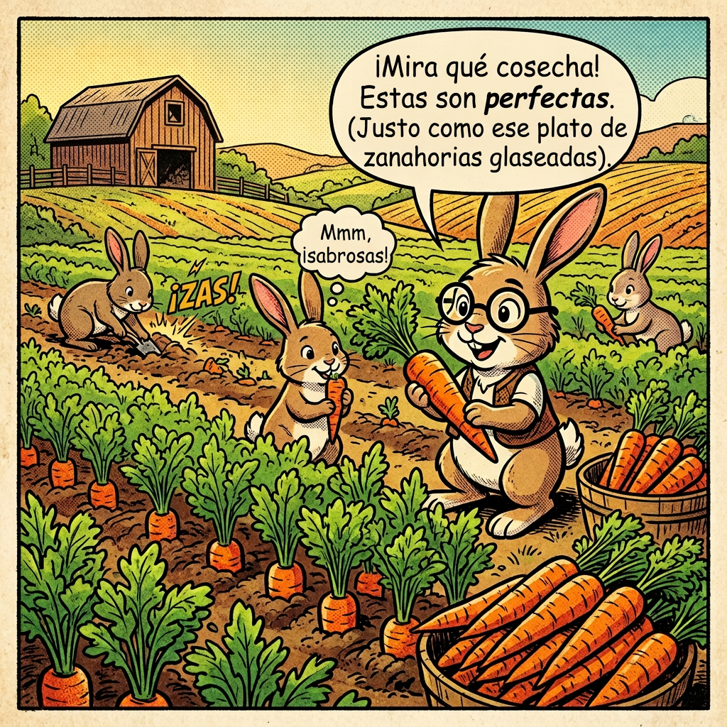 Rabbits picking and admiring large carrots in a farm field with a barn in the background