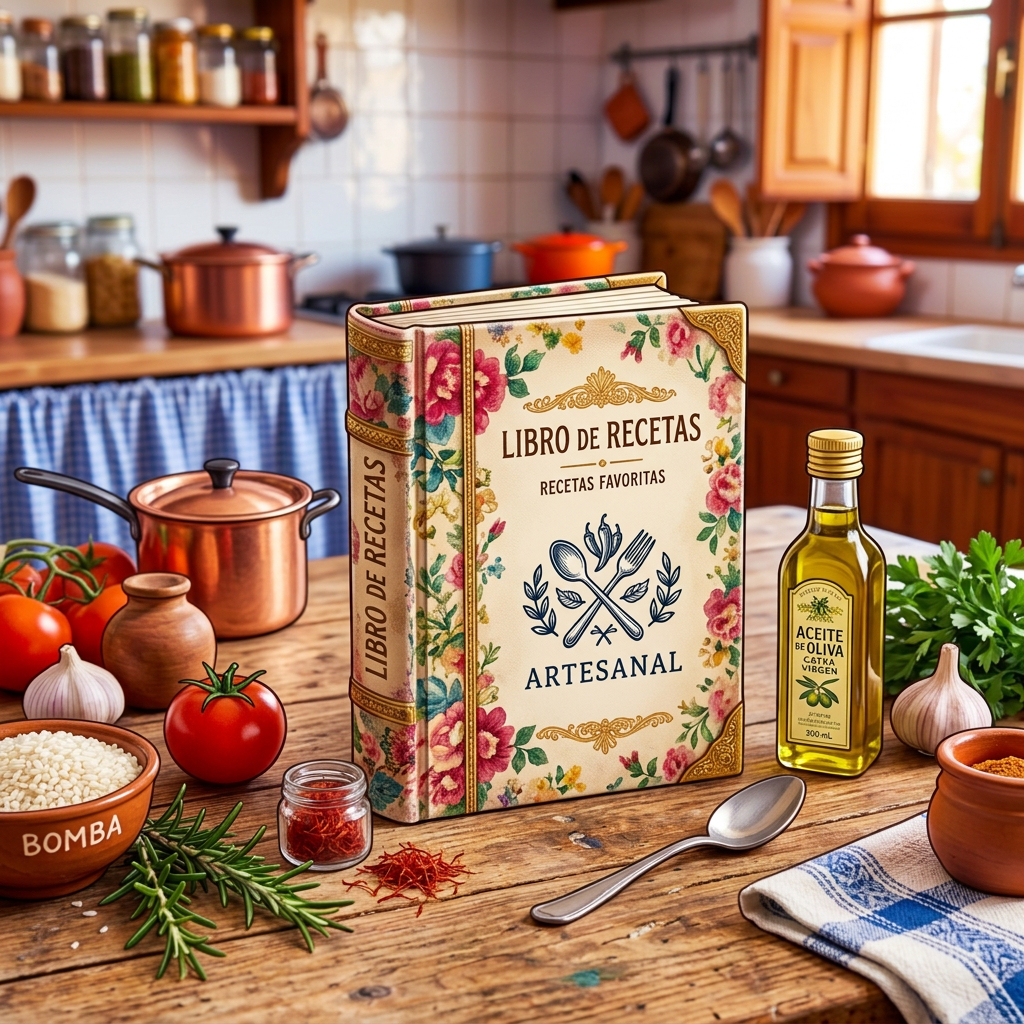 Open Spanish cookbook showing “Libro de Recetas” and “Paella Valenciana de la Abuela”
