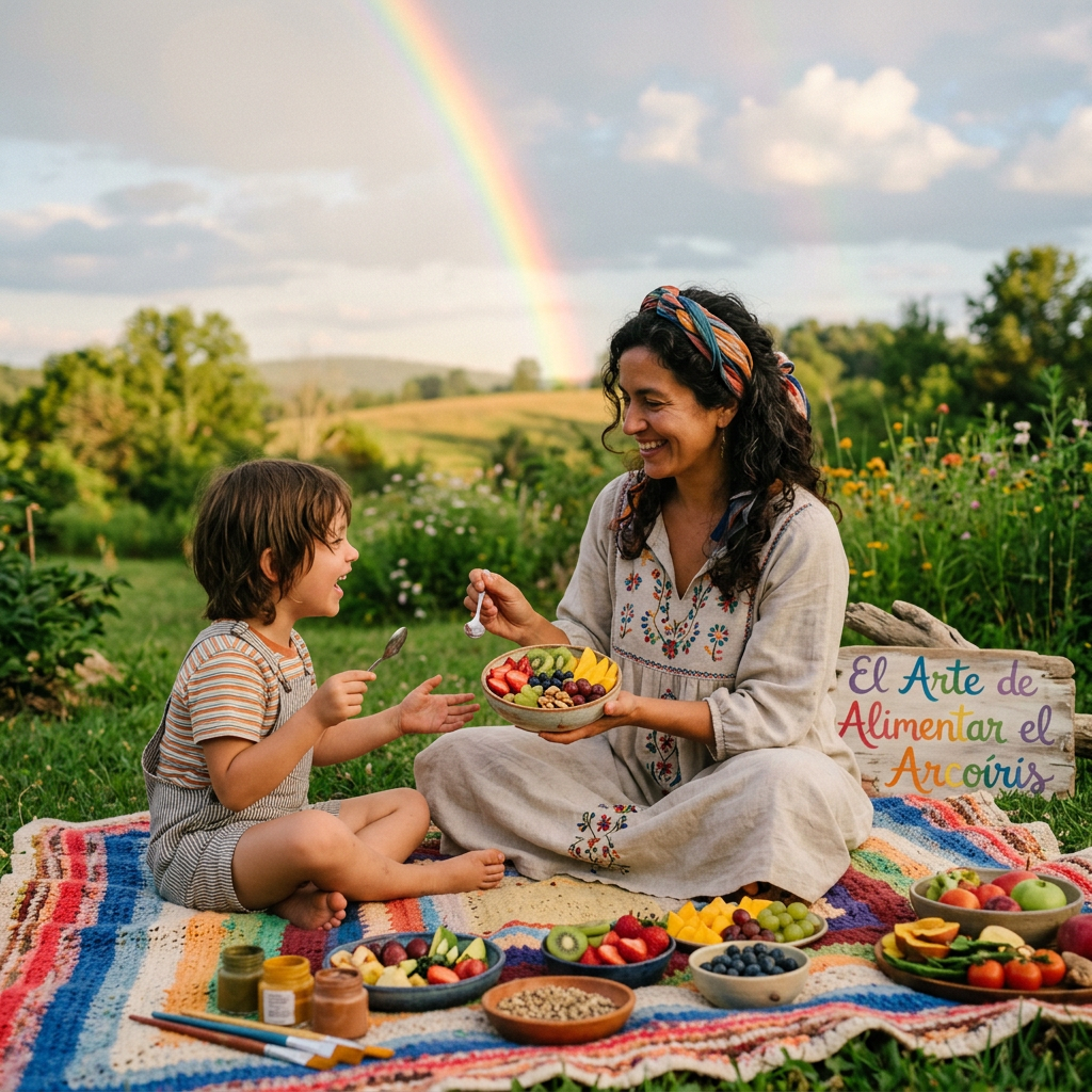 Adult and child sharing colorful fruit bowl beneath a rainbow