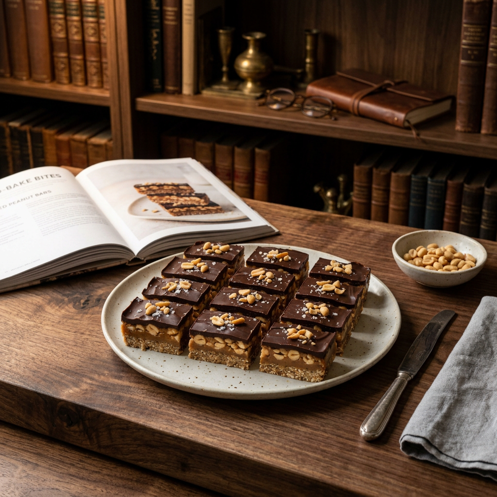 Plate of chocolate-topped peanut bars beside an open no-bake recipe book