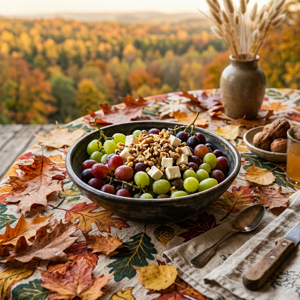 Bowl of grapes, cheese, and walnuts on a table with autumn leaves